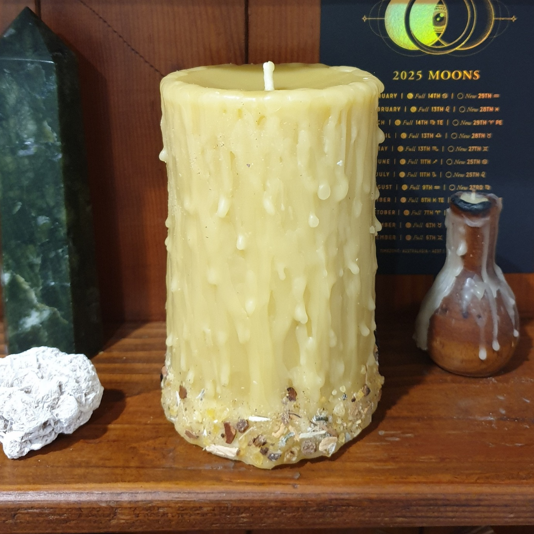 'Celestial Earth' Moon Beeswax Pillar Candle with Herbs & Resins | Medium 70+ hrs