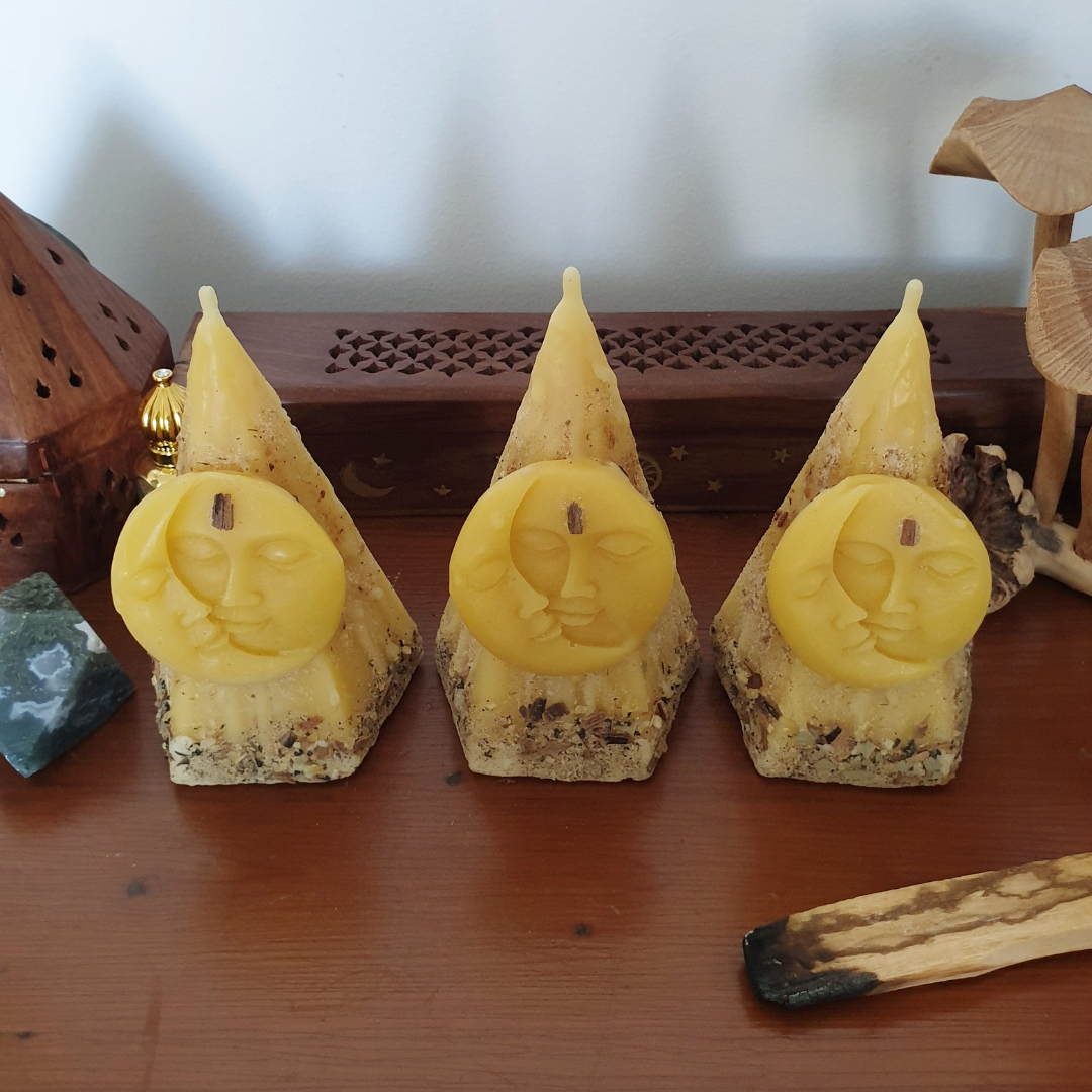 'Celestial Earth' Large Beeswax Pillar & Moon Pyramid ♡ 2 Candle Set