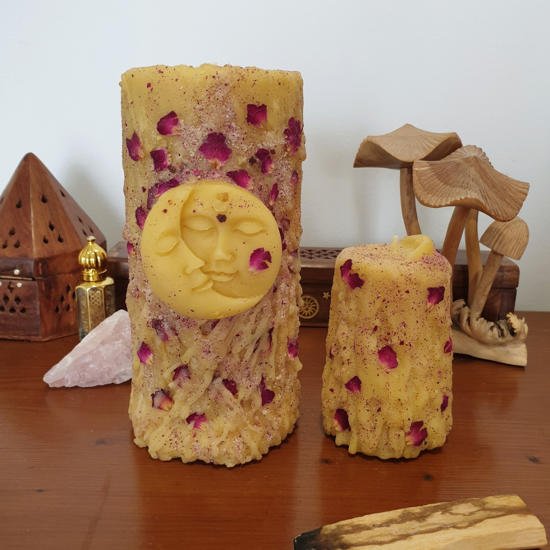 'Rose Moon' Beeswax Pillar Candle Set | 130+ hrs ♡ One-of-a-Kind