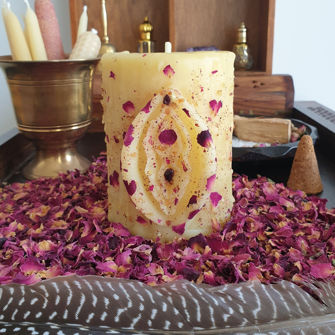Rose & Dragon's Blood "Yoni" Beeswax Pillar Candle | 60+ hrs ♡ One-of-a-Kind