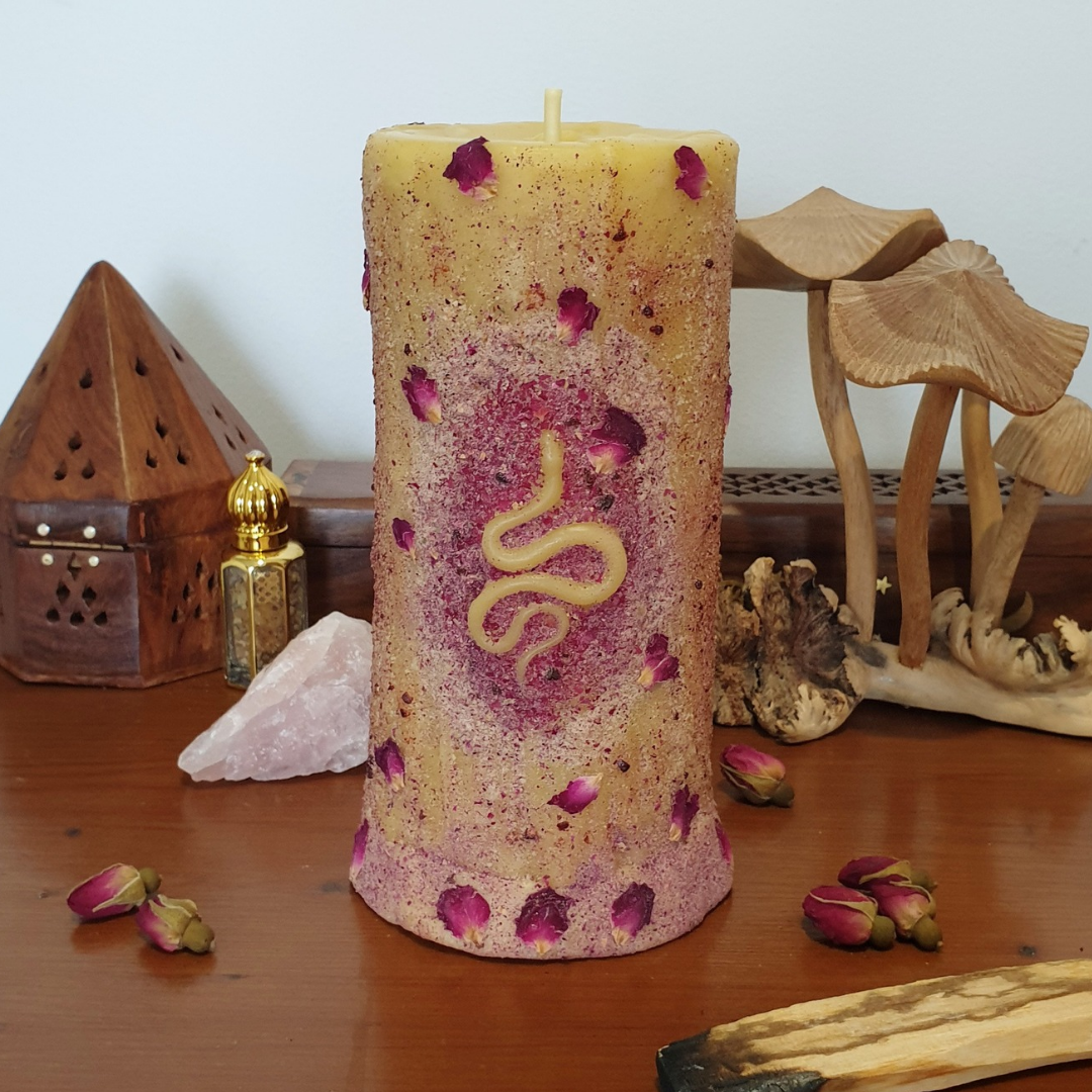 'Rose & Dragon's Blood Serpent' Large Pillar Beeswax Candle | 100 Hrs