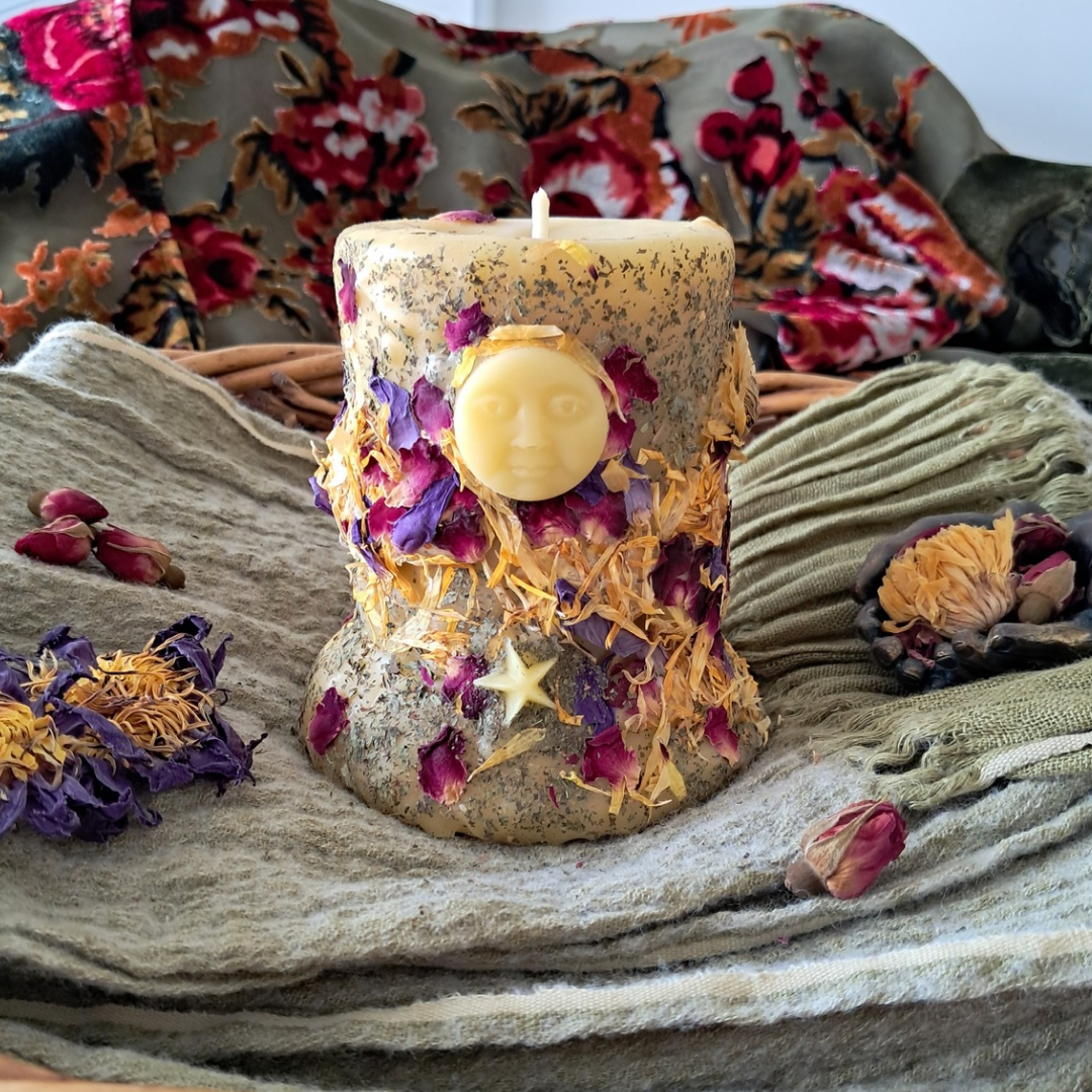 'Lunar Bloom' Full Moon Beeswax Pillar Candle ♡ Medium | 60+ hrs