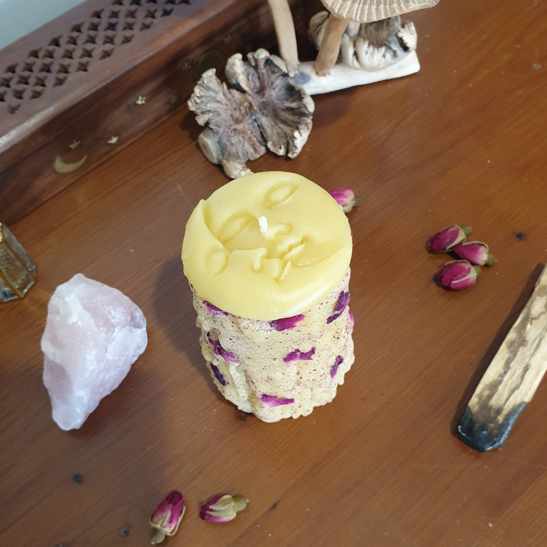 'Rose & Resin Moon' Small Pillar Beeswax Candle | 25 Hrs ♡ One-of-a-kind