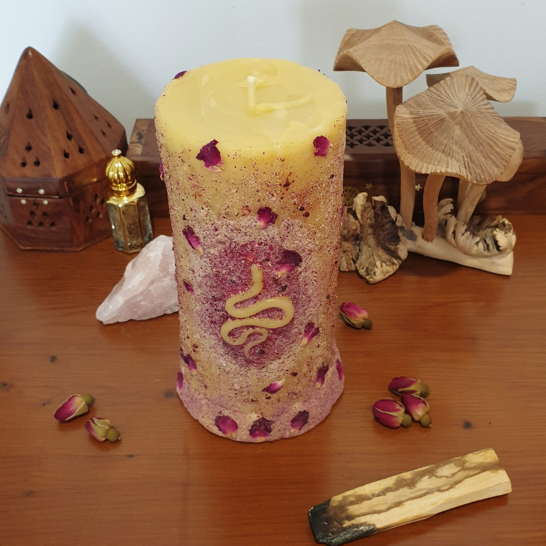 'Rose & Dragon's Blood Serpent' Large Pillar Beeswax Candle | 100 Hrs