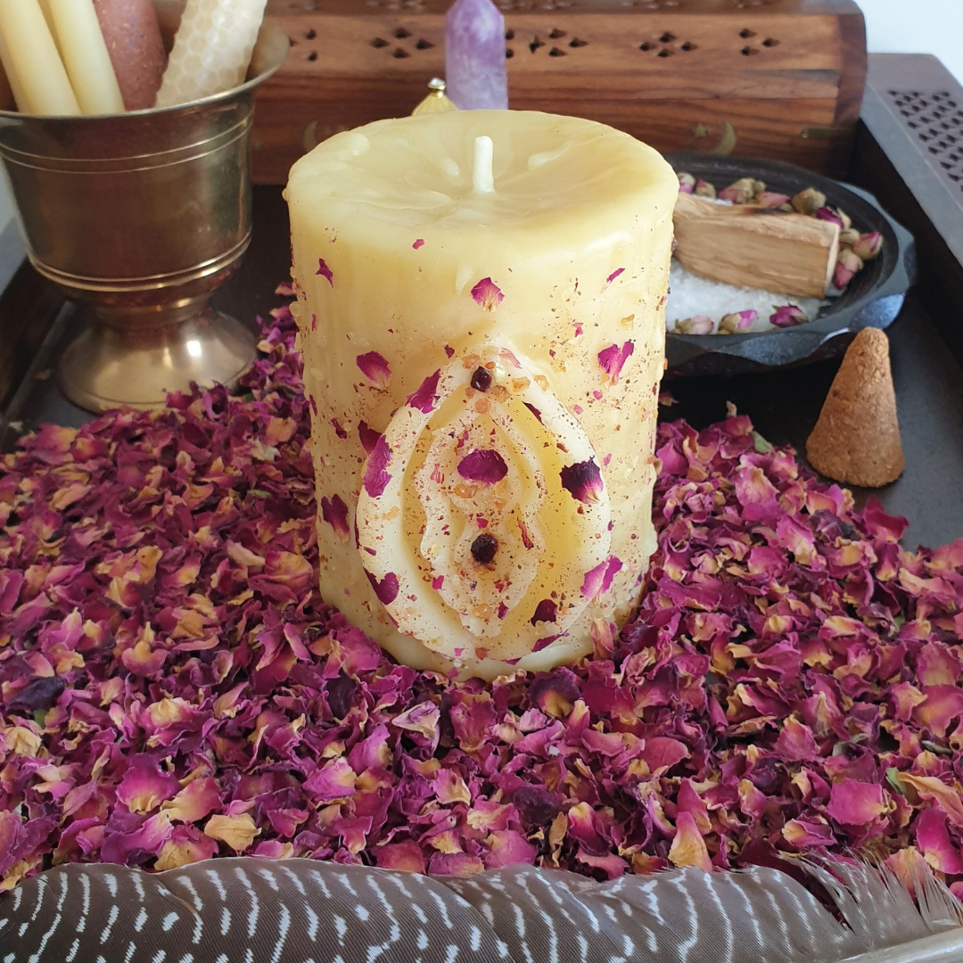 Rose & Dragon's Blood "Yoni" Beeswax Pillar Candle | 60+ hrs ♡ One-of-a-Kind
