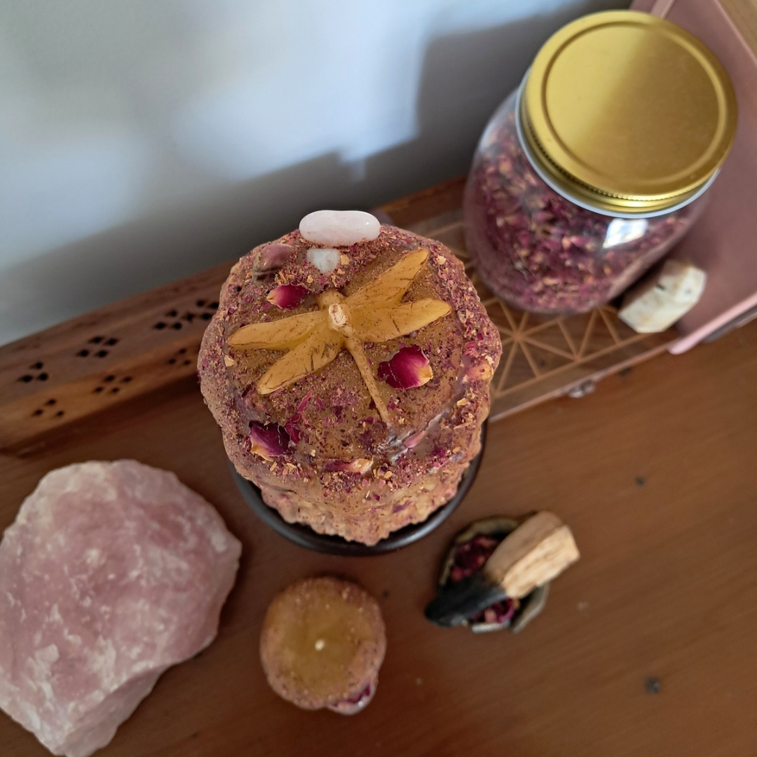 Medium Dragonfly Beeswax Candle with Gemstones ♡ Sacred Rose