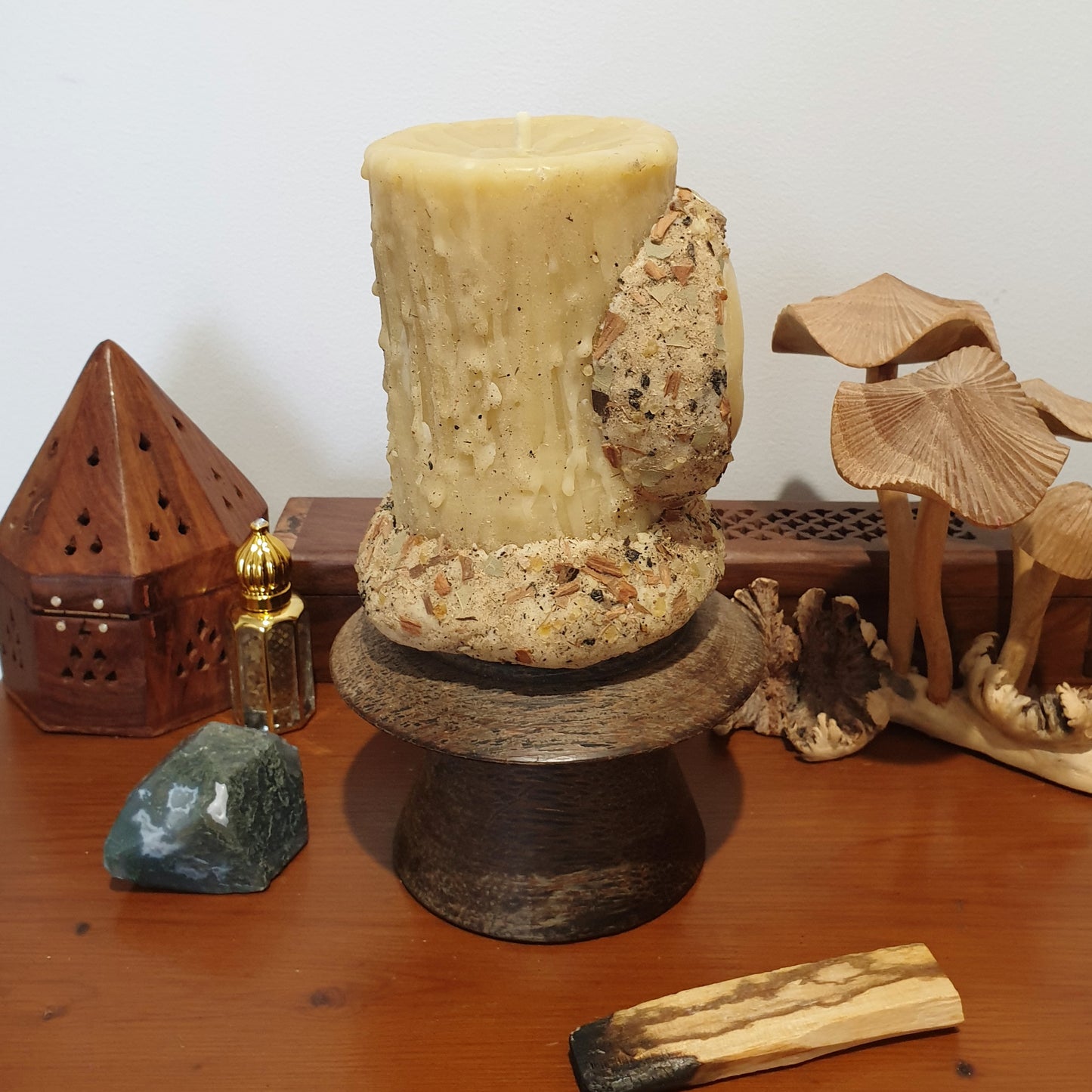 'Celestial Earth' Moon Beeswax Pillar Candle with Herbs & Woods | 75 hrs
