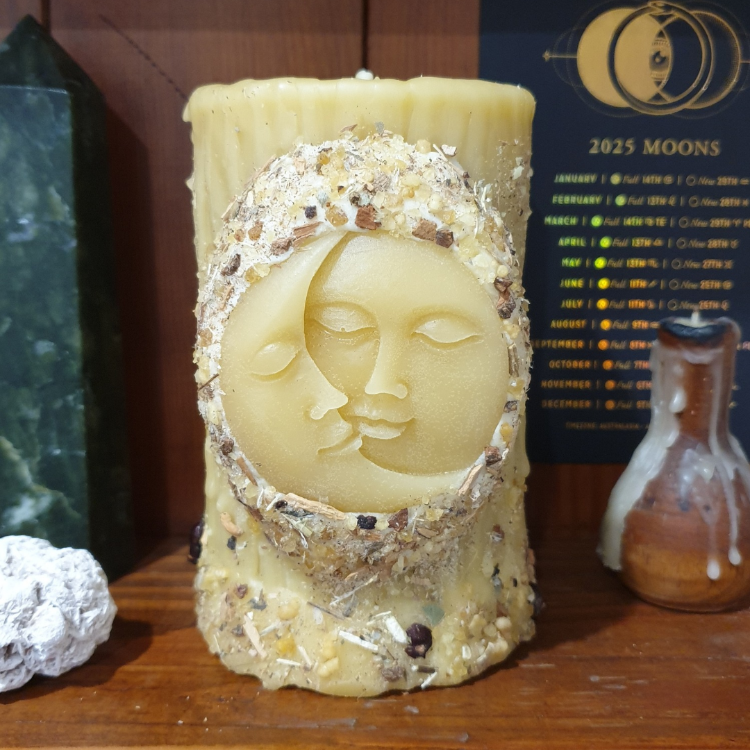 'Celestial Earth' Moon Beeswax Pillar Candle with Herbs & Resins | Medium 70+ hrs