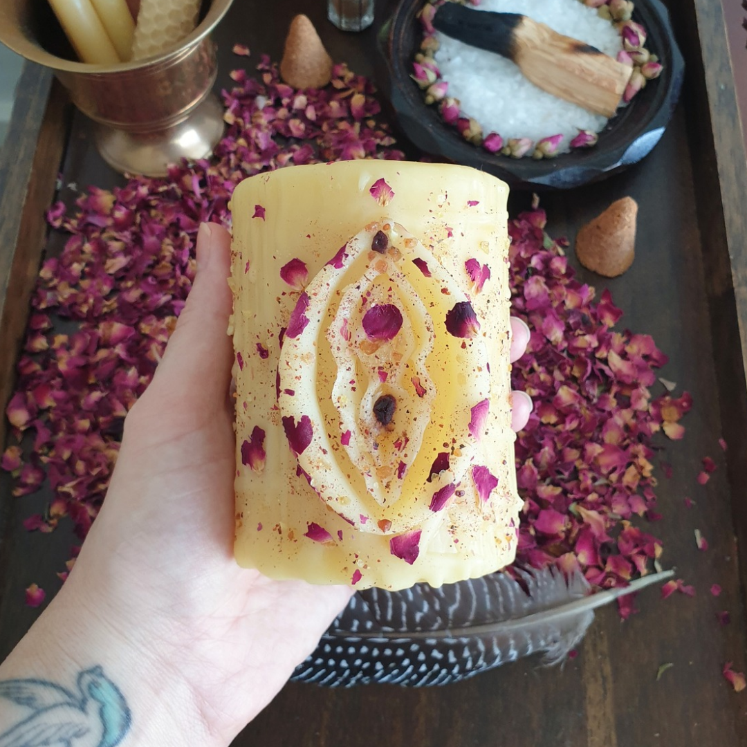 Rose & Dragon's Blood "Yoni" Beeswax Pillar Candle | 60+ hrs ♡ One-of-a-Kind