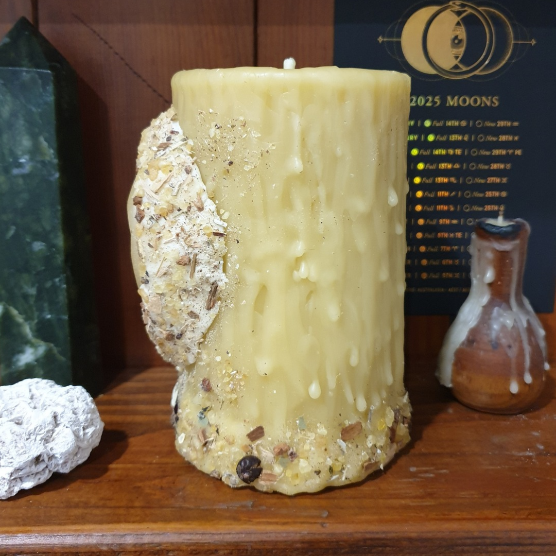 'Celestial Earth' Moon Beeswax Pillar Candle with Herbs & Resins | Medium 70+ hrs