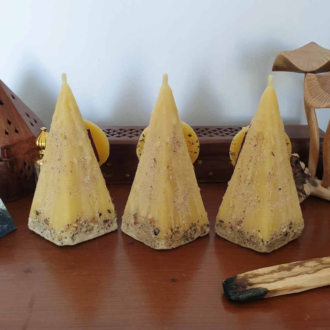 'Celestial Earth' Beeswax Pyramid Moon Candle with Herbs & Resins