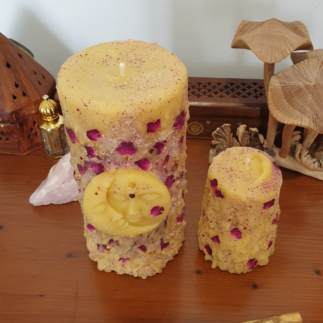'Rose Moon' Beeswax Pillar Candle Set | 130+ hrs ♡ One-of-a-Kind