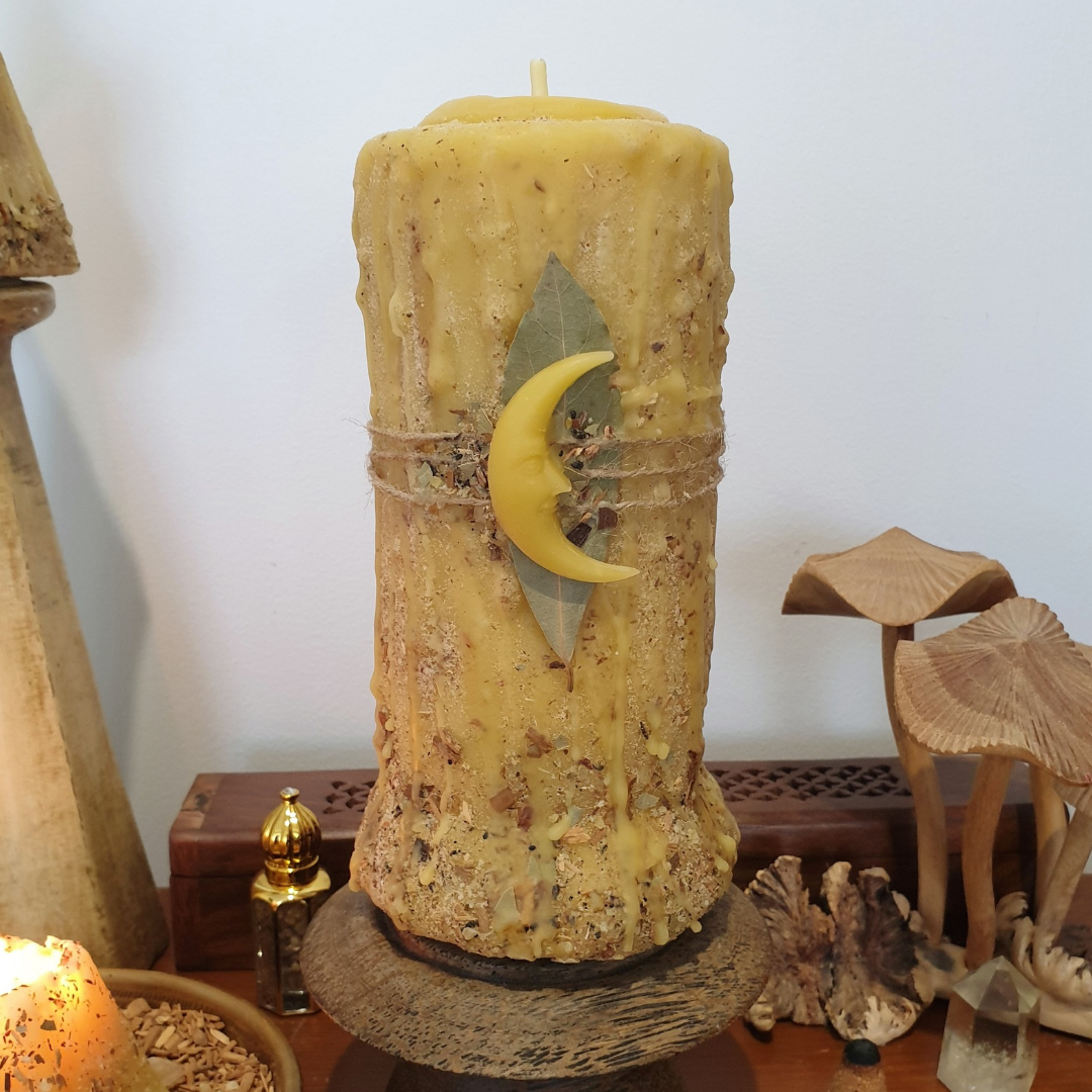 'Celestial Earth' Large Beeswax Pillar & Moon Pyramid ♡ 2 Candle Set