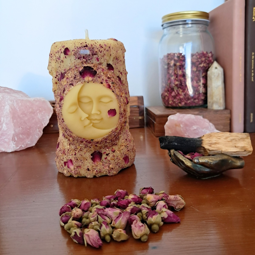 Sun/Moon Beeswax Pillar Candle ♡ Sacred Rose with tiny Rainbow Moonstone