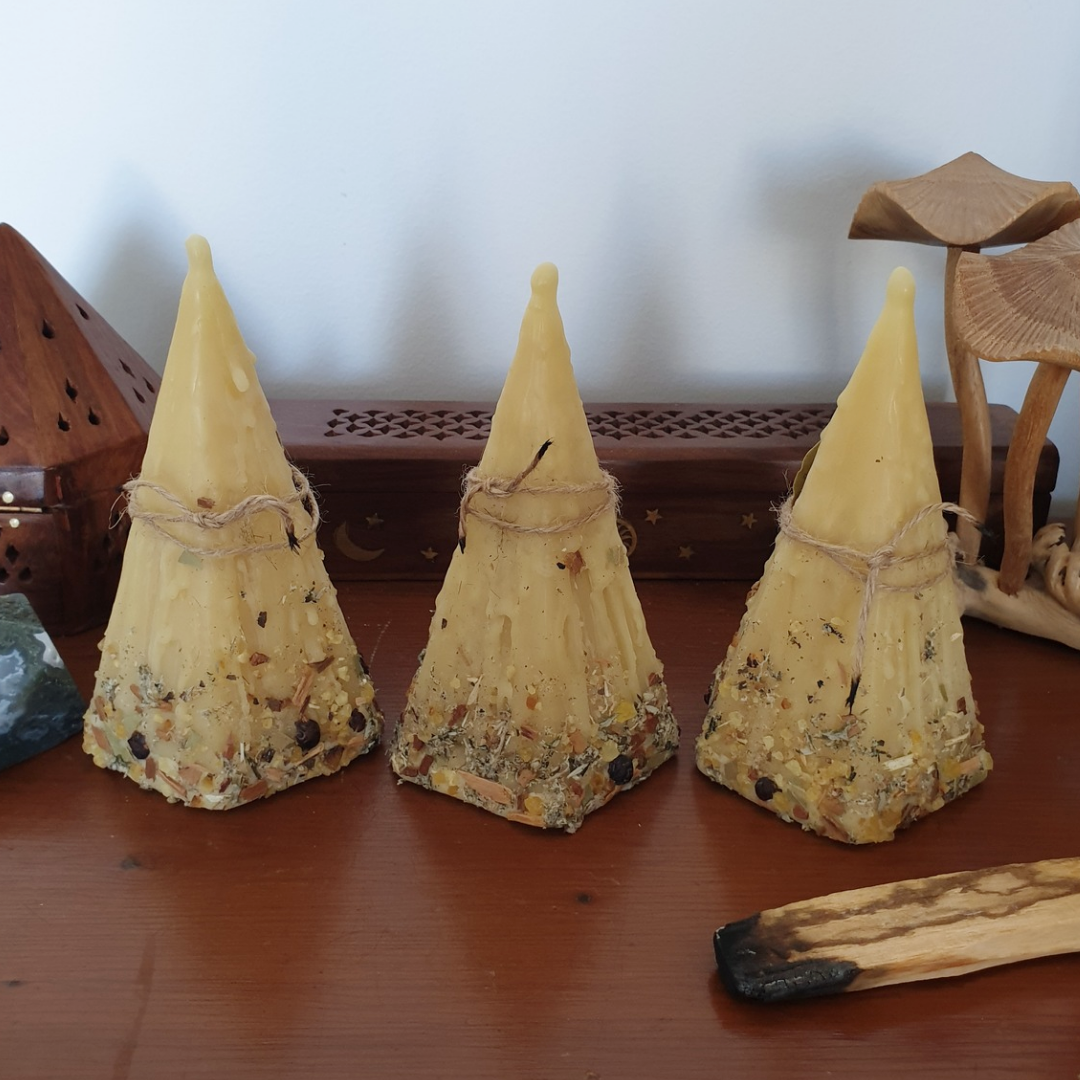 'Celestial Earth' Beeswax Pyramid Candle with Herbs & Resins
