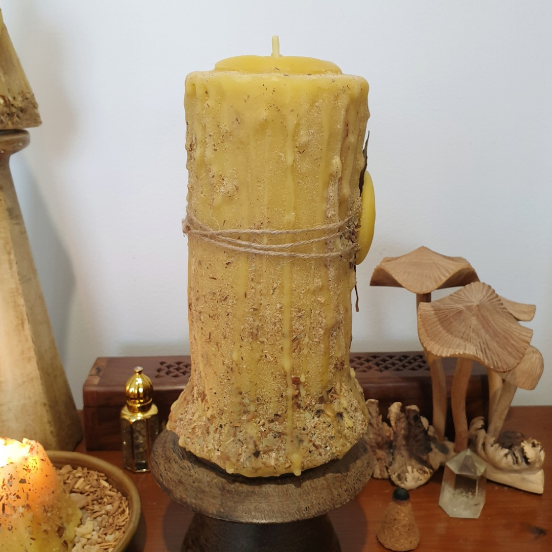 'Celestial Earth' Large Beeswax Pillar & Moon Pyramid ♡ 2 Candle Set
