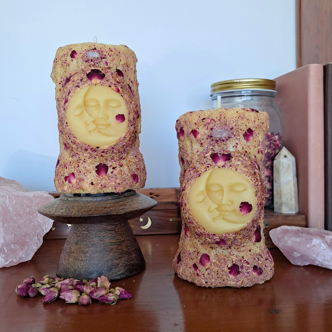 Sun/Moon Beeswax Pillar Candle ♡ Sacred Rose with tiny Rose Quartz
