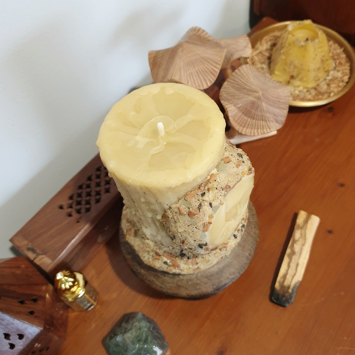 'Celestial Earth' Moon Beeswax Pillar Candle with Herbs & Woods | 75 hrs