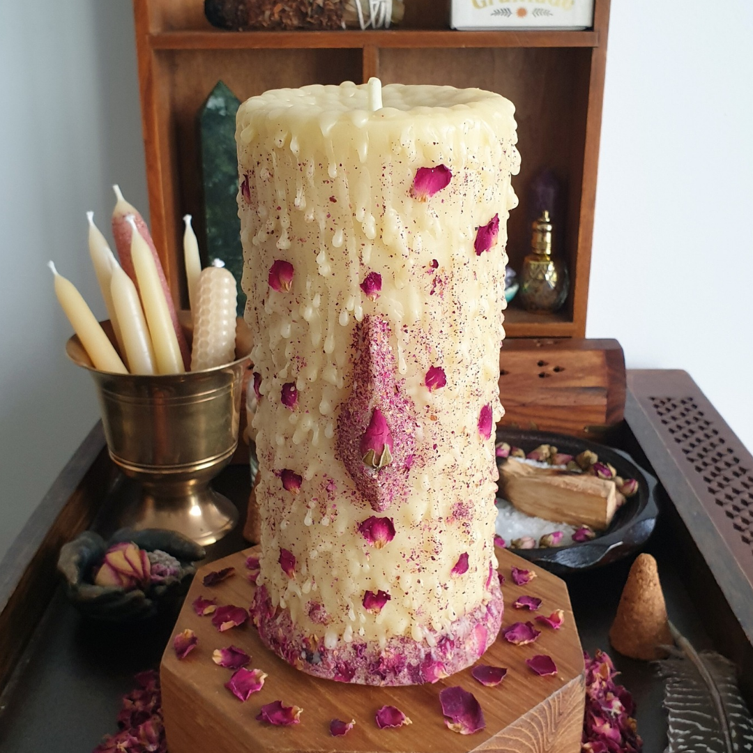 Serpent 'Rebirth' Large Beeswax Pillar Candle with Rose & Dragon's Blood | 100+ hrs