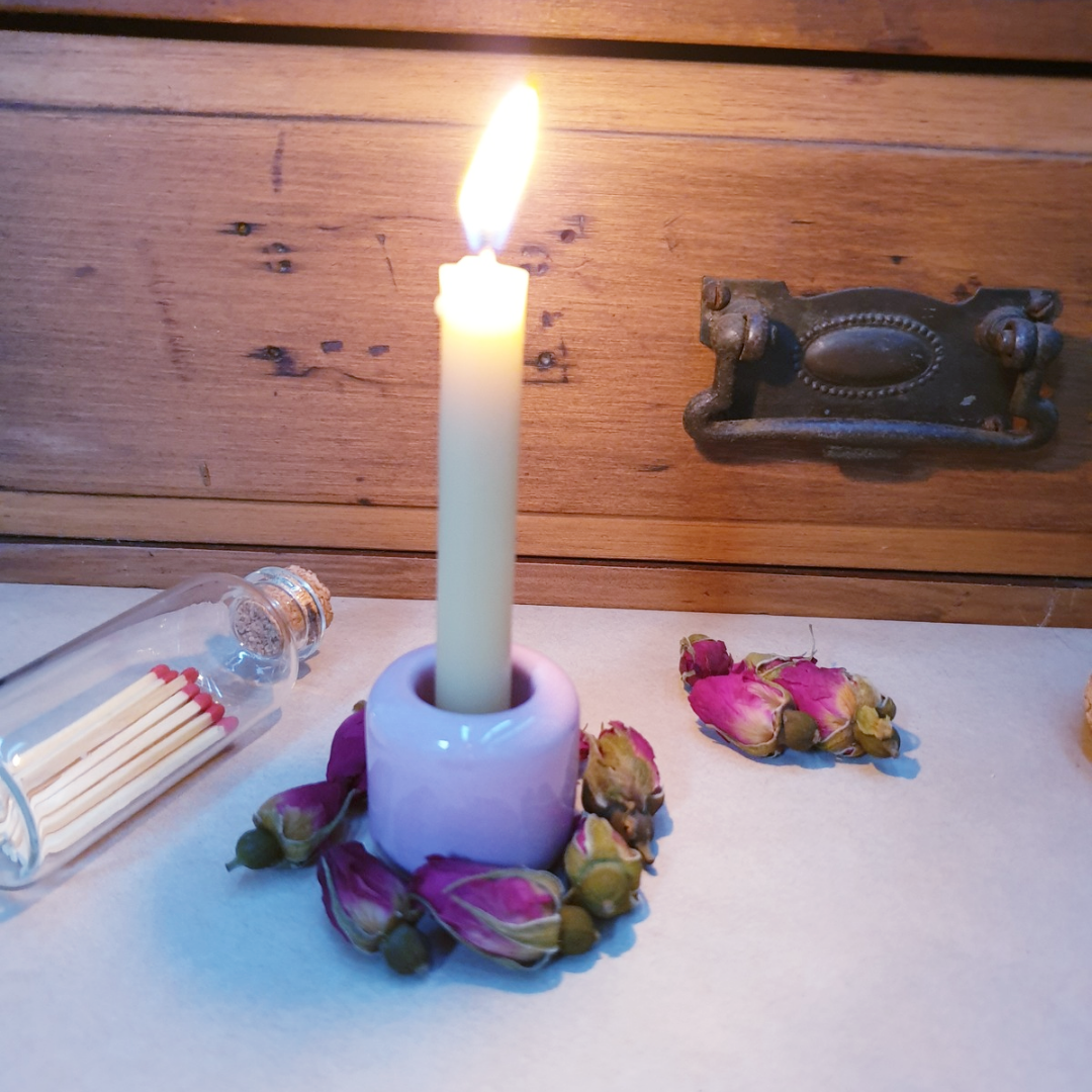 Small Ceramic Candle Holder with Beeswax Taper Candle.
