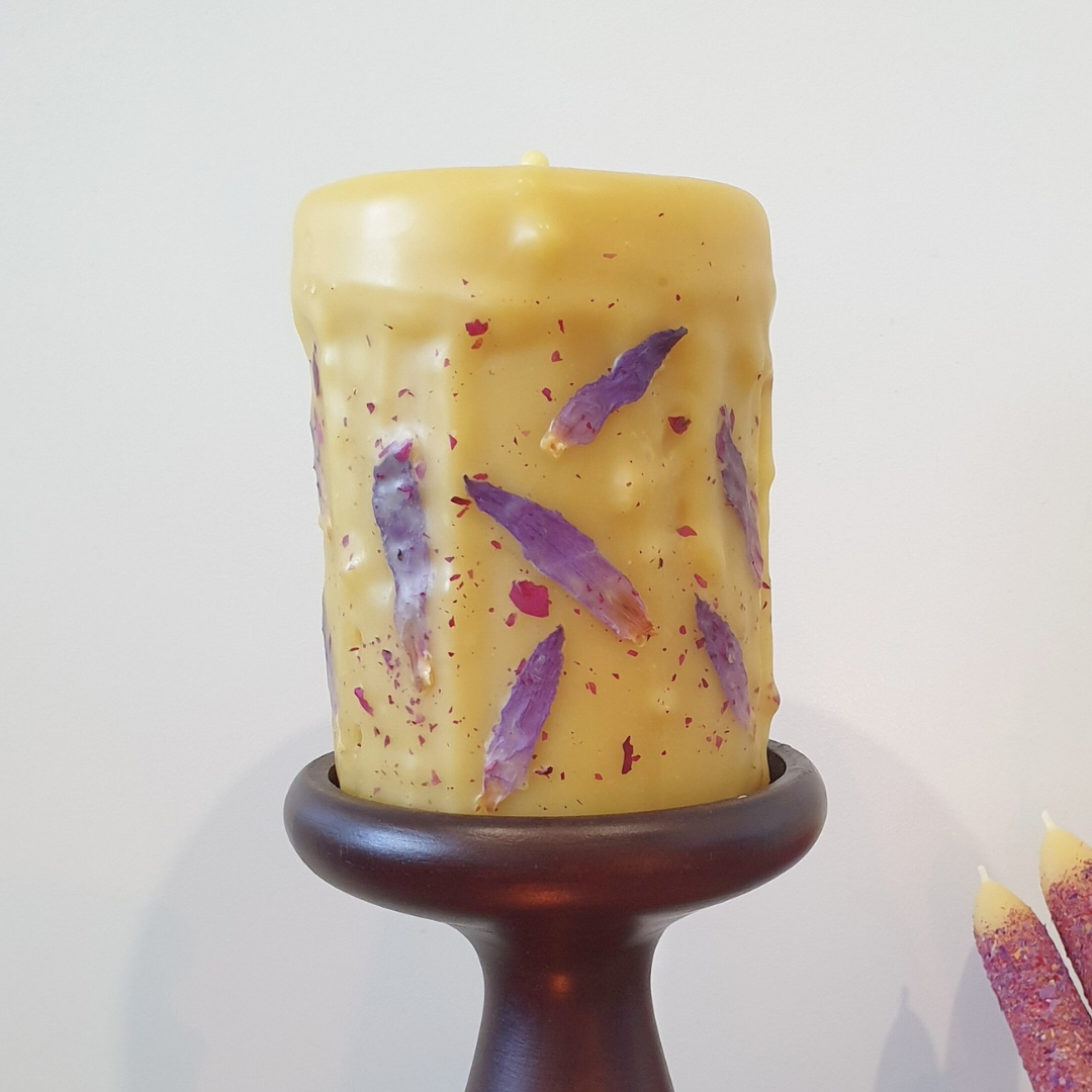 Beeswax Pillar Candle with Blue Lotus & Rose | 60+ hrs