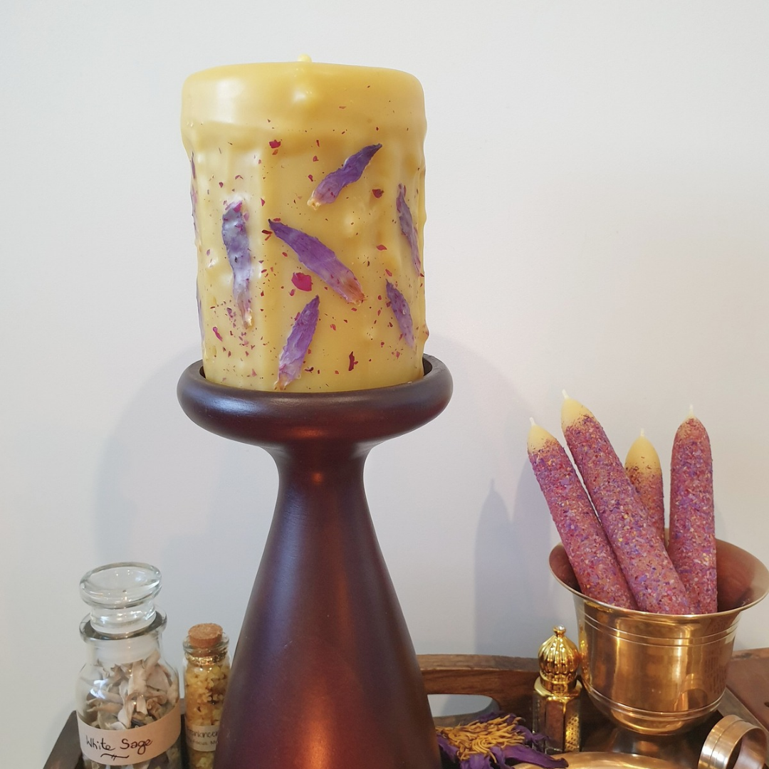 Beeswax Pillar Candle with Blue Lotus & Rose | 60+ hrs