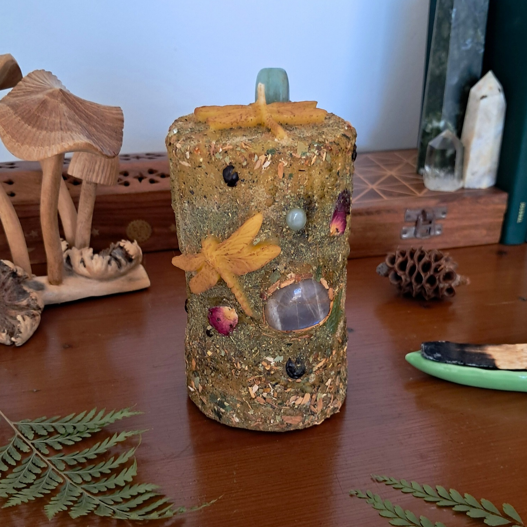 'Moonstone & Aventurine Dragonfly' Medium Beeswax Pillar Candle | The Mystic's Forest