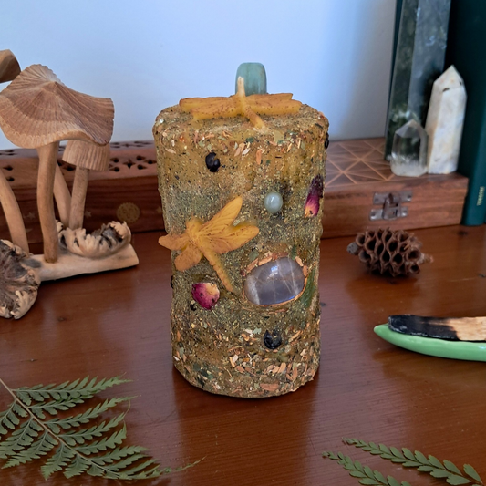 'Moonstone & Aventurine Dragonfly' Medium Beeswax Pillar Candle | The Mystic's Forest