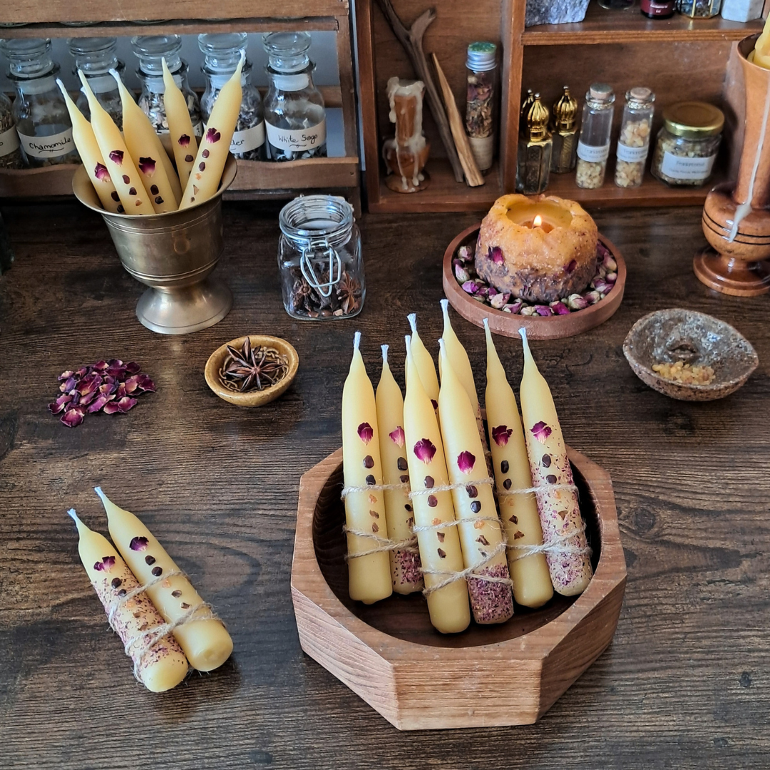 'Star Anise & Garnet' Ritual Set ♡ Botanical Beeswax Candles with Holders