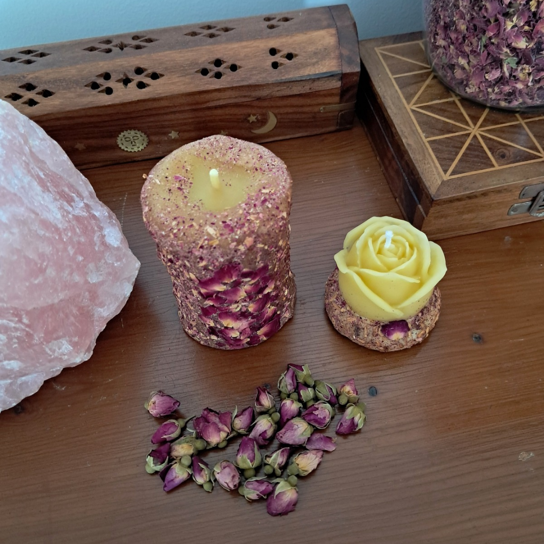 Set of 2 Beeswax Candles (Small Rose Petal Pillar & Mini Rose) ♡ Sacred Rose