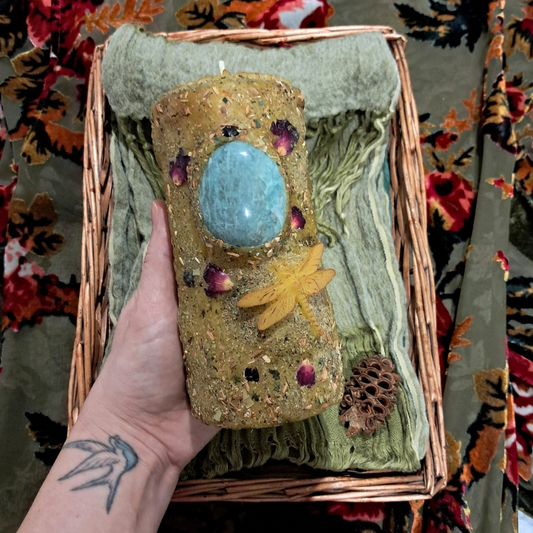 'Amazonite Dragonfly' Large Beeswax Pillar Candle | The Mystic's Forest