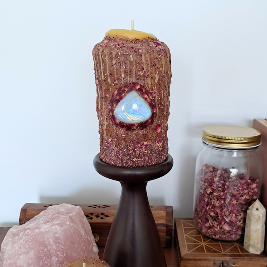 Sun/Moon Beeswax Candle with Rainbow Moonstone (15 x 8cm) ♡ Sacred Rose