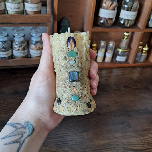 Small Beeswax Pillar Candle with a Square Labradorite & Green Aventurine | The Mystic's Forest