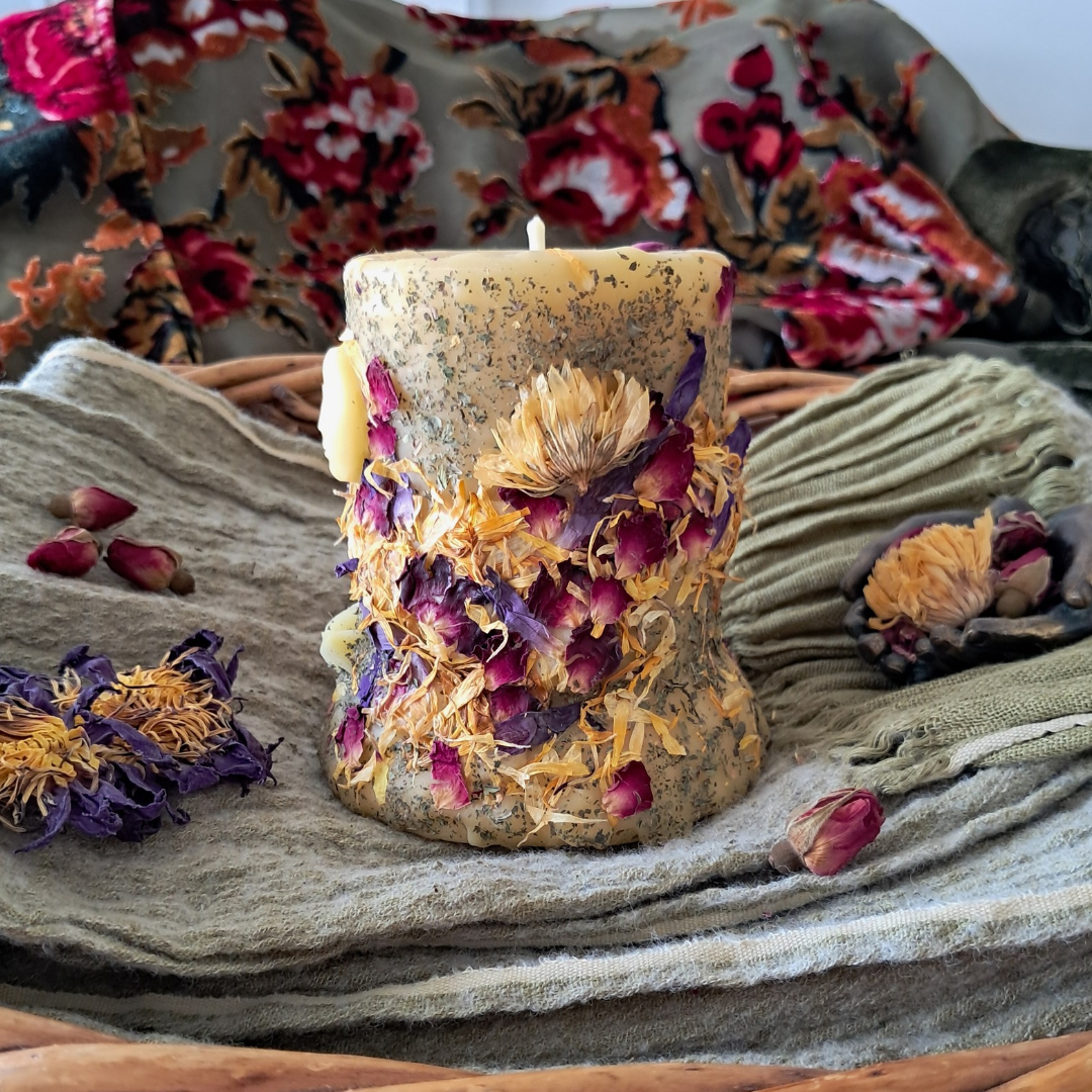 'Lunar Bloom' Full Moon Beeswax Pillar Candle ♡ Medium | 60+ hrs