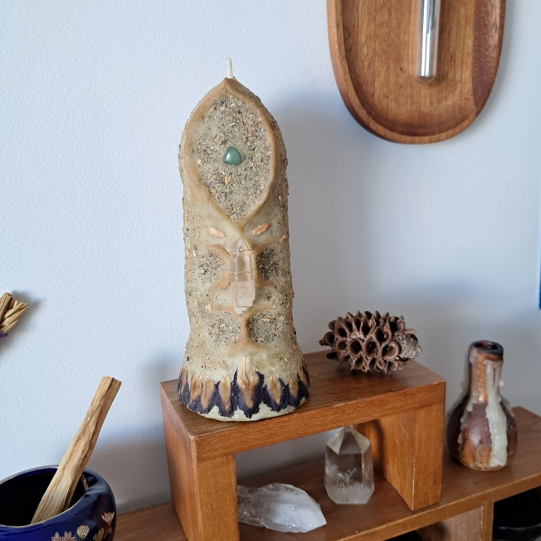 'Guardian of the Mystic’s Forest' Beeswax Candle with Lemurian Quartz #3