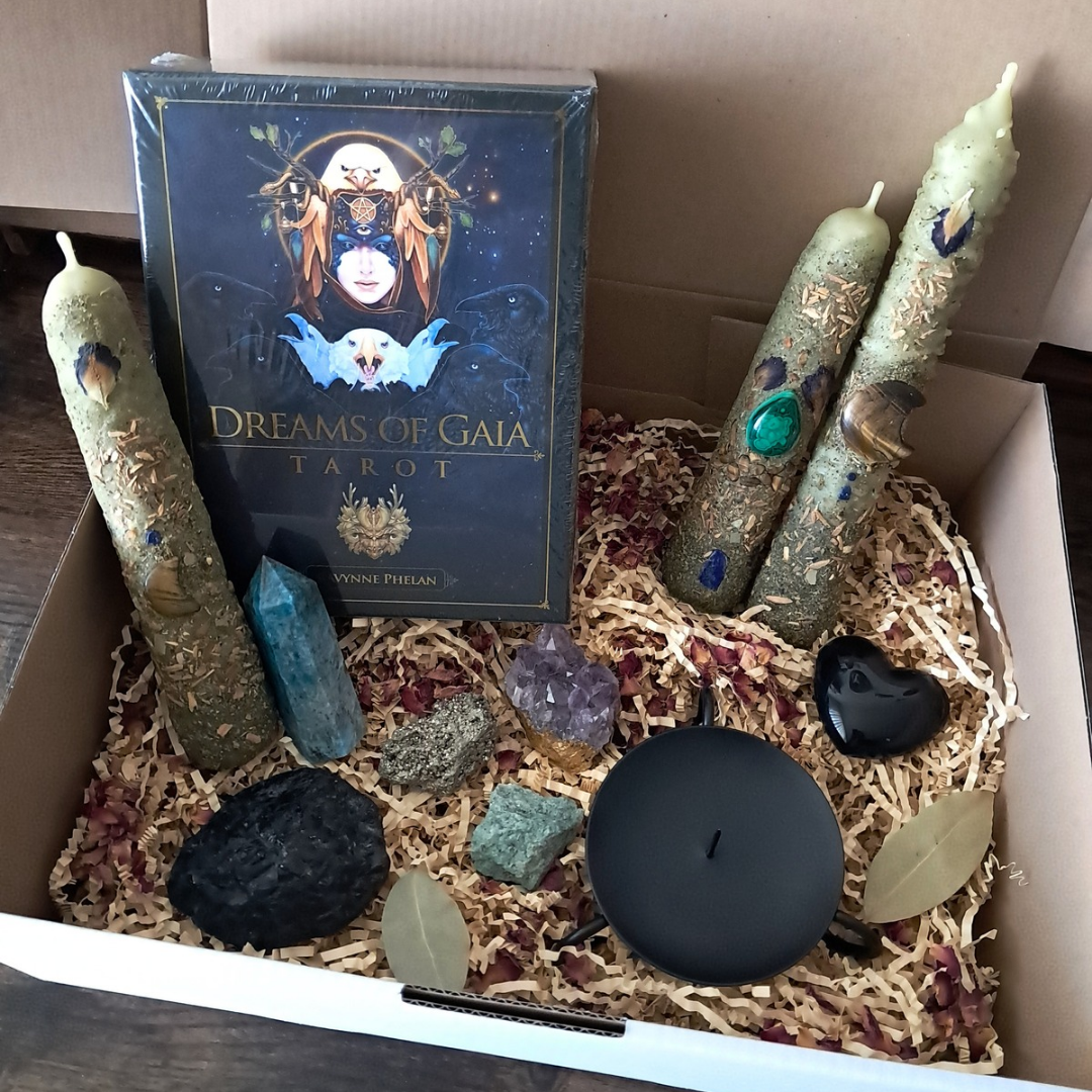 The Mystic's Forest Ritual Box | with Gemstone Beeswax Candles & Dreams of Gaia Tarot