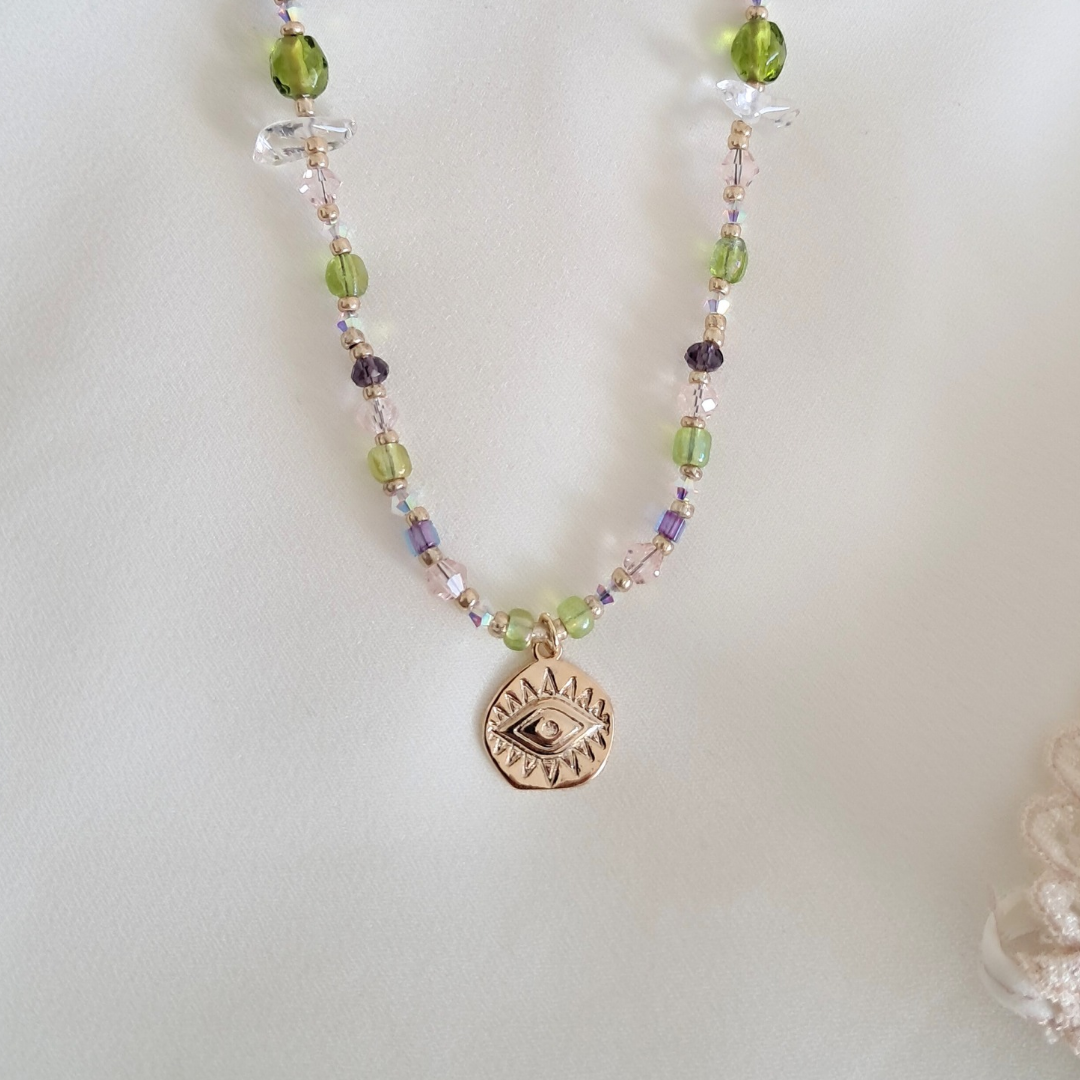 'Forest Fae' Beaded Necklace with Evil Eye Pendant