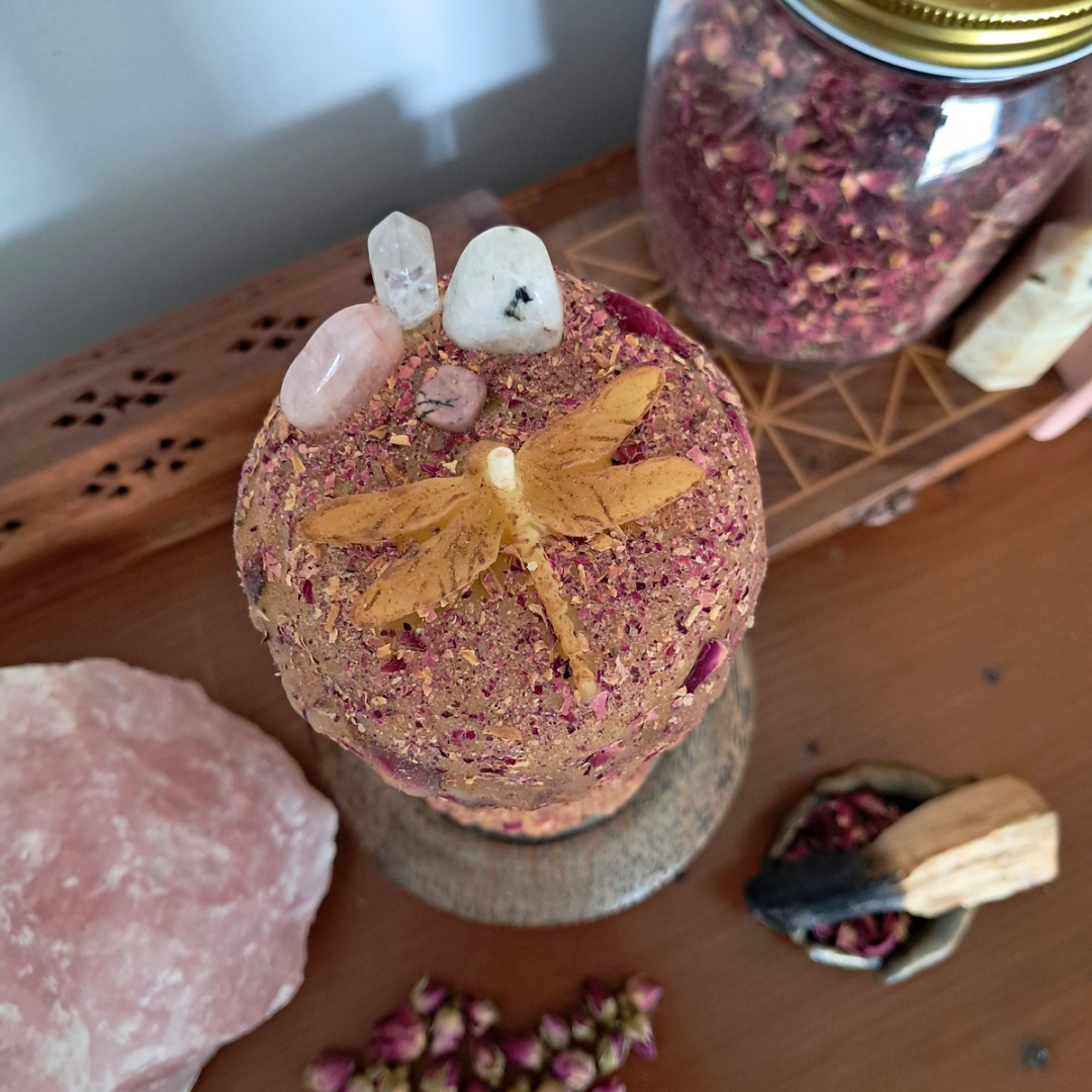 Large Dragonfly Beeswax Candle with Gemstones ♡ Sacred Rose