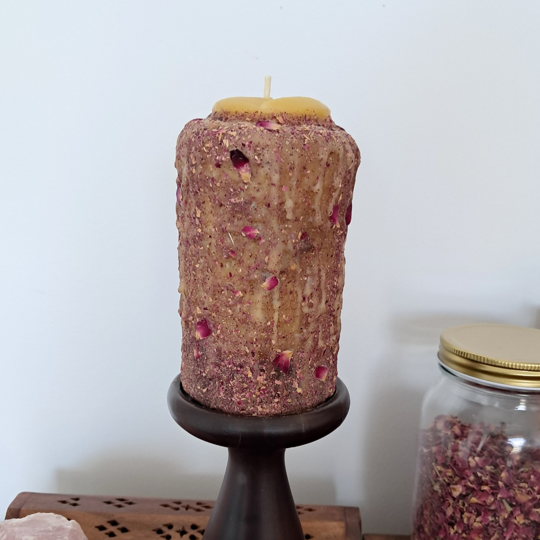 Sun/Moon Beeswax Candle with Rainbow Moonstone (15 x 8cm) ♡ Sacred Rose