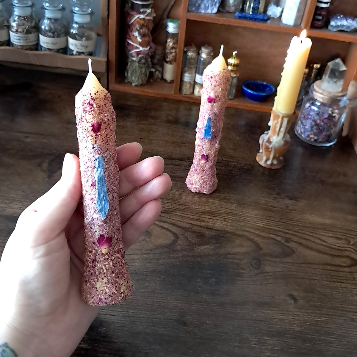 Kyanite & Rose | Beeswax Taper Candle