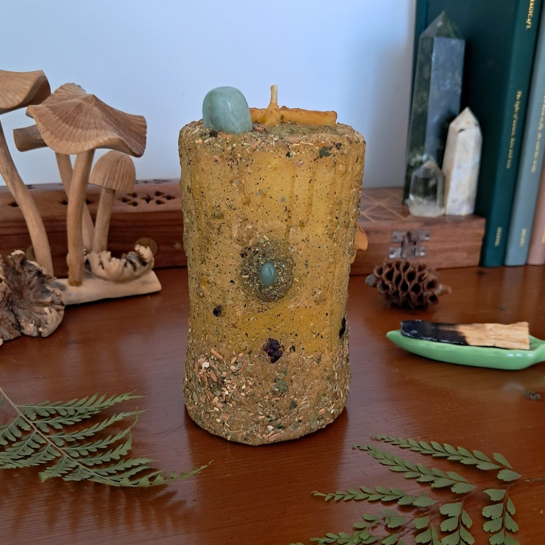 'Moonstone & Aventurine Dragonfly' Medium Beeswax Pillar Candle | The Mystic's Forest