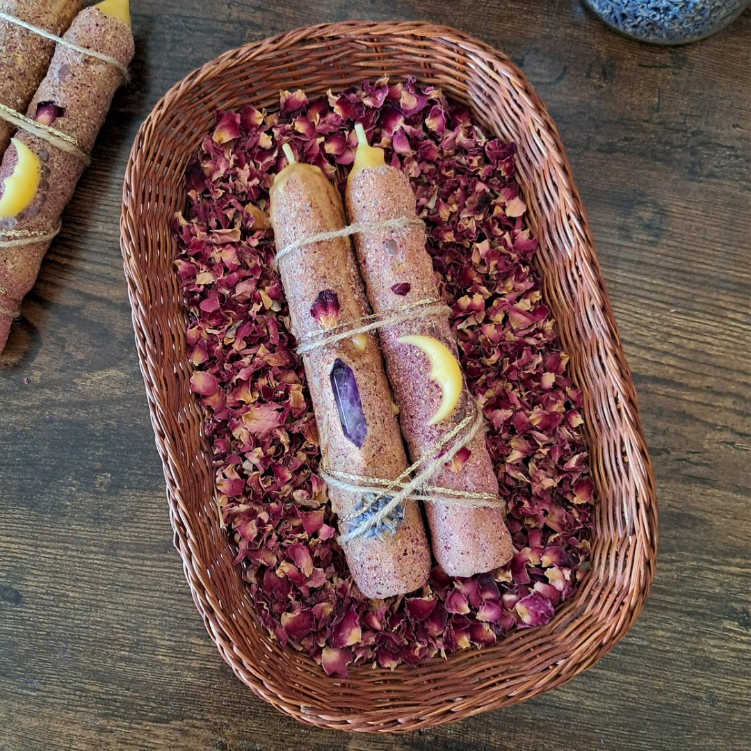 'Lavender Dreams' ♡ Taper Beeswax Candles with Amethyst (Pair) ♡ One-of-a-kind