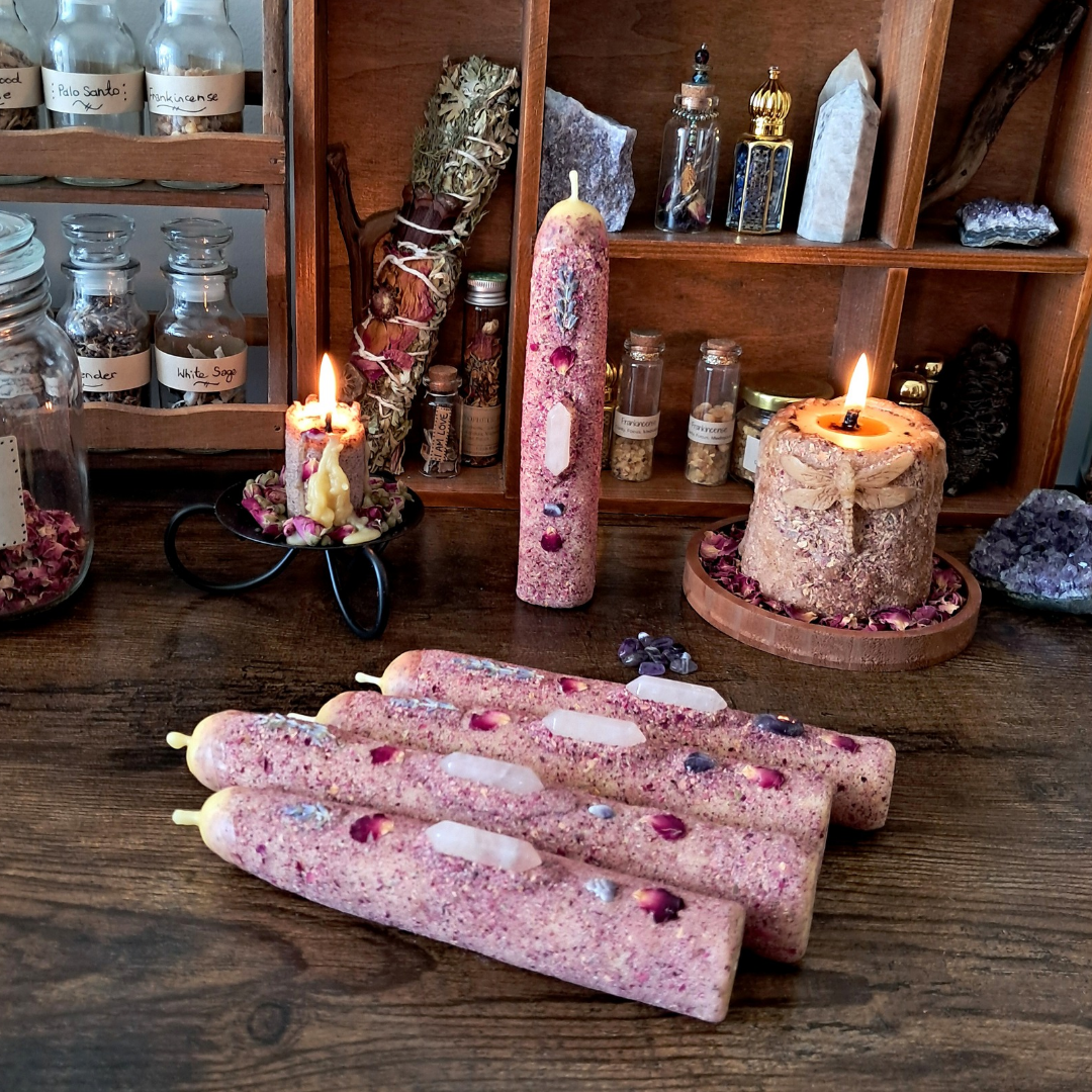 Rose & Lavender Beeswax Taper Candle | with Rose Quartz