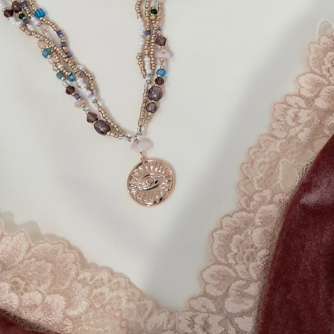 'Eclectic Charm' Beaded Necklace with 14k Gold-plated Evil Eye Pendant