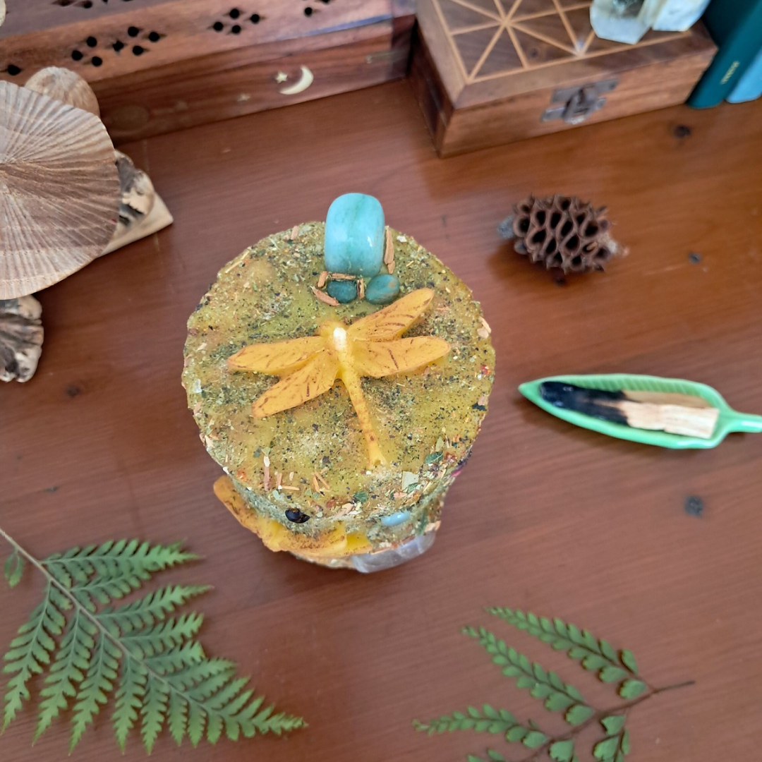 'Moonstone & Aventurine Dragonfly' Medium Beeswax Pillar Candle | The Mystic's Forest