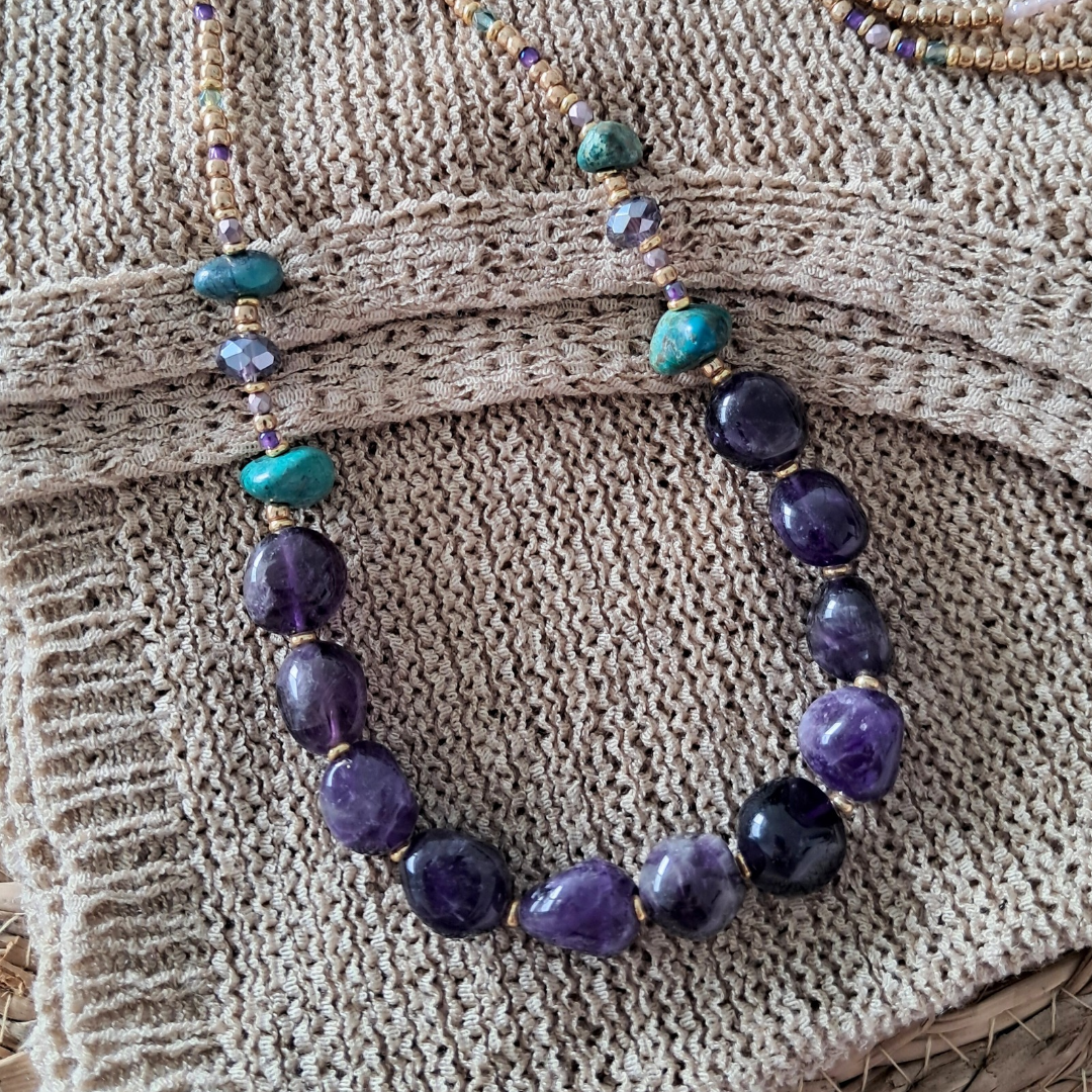 Amethyst & Turquoise Long Bead Necklace