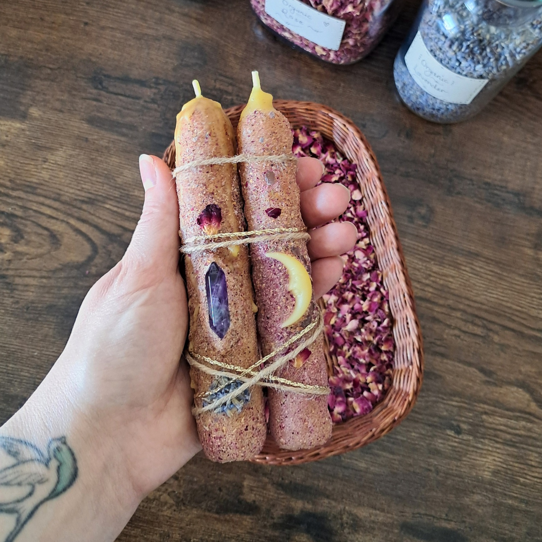 'Lavender Dreams' ♡ Taper Beeswax Candles with Amethyst (Pair) ♡ One-of-a-kind
