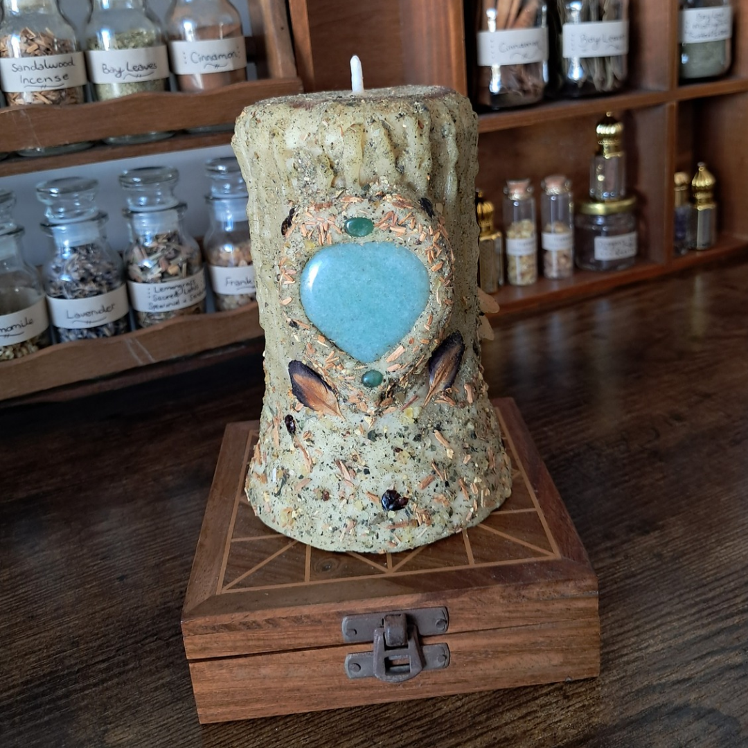 'Aventurine Heart' with Dragonfly Beeswax Pillar Candle | The Mystic's Forest