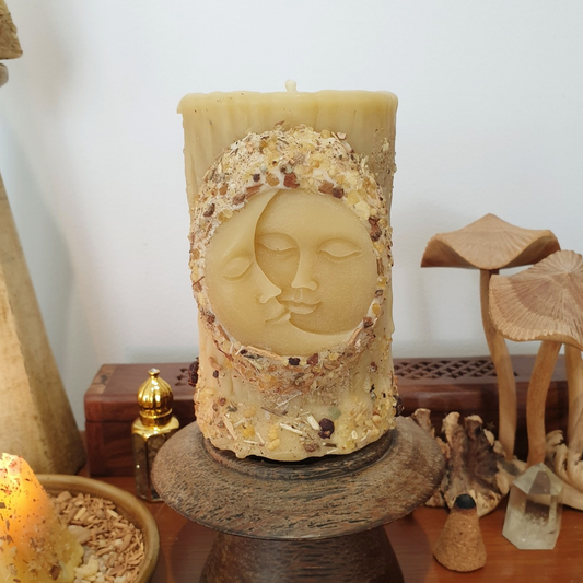 'Celestial Earth' Moon Beeswax Pillar Candle with Herbs & Resins | Medium 70+ hrs