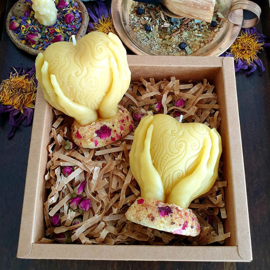 'Heart in Hands' Beeswax Candle with Rose, Dragon's Blood & Frankincense